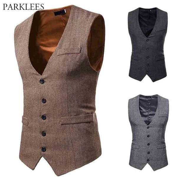 Herringbone Tweed Mens Colete Formal Business Casual Slim Fit Coletes para Retro Estilo Britânico Gentleman Terno Vest Gilet 210923