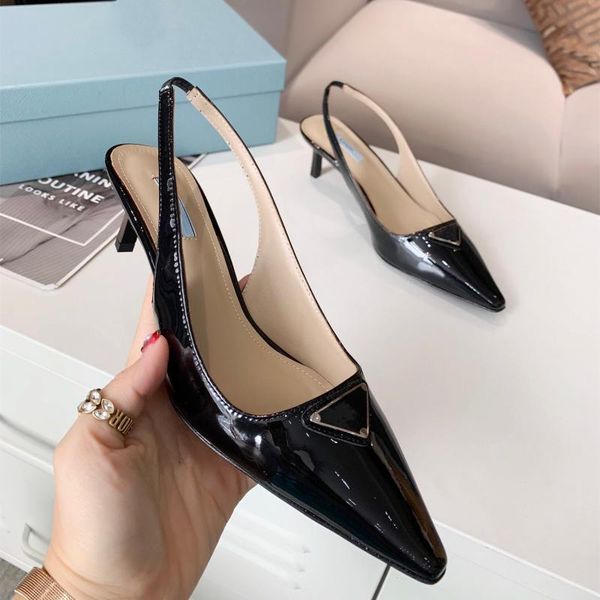 

sandals patent leather women back strap pointed toe thin heels genuine women's pumps classic design shoes, Black