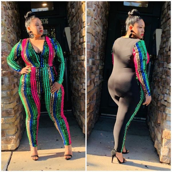

women's jumpsuits & rompers plus size deep v-neck long sleeve stripe sequins night club skinny yf1068, Black;white