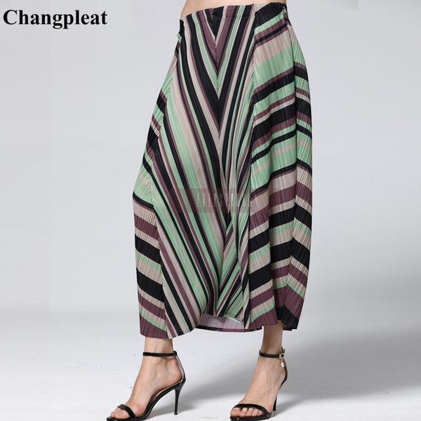 

women's pants & capris changpleat 2021 spring geometric print women wide legged miyak pleated fashion elastic waist loose plus size pan, Black;white