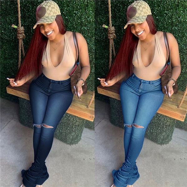 

women's jeans women pile stacked leggings casual streetwear high waist slim fit skinny ruched bell bottom ripped holes denim pants, Blue