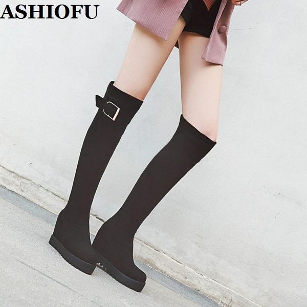

boots ashiofu handmade ladies wedges heels buckle-deco party prom knee-high winter evening fashion club long, Black