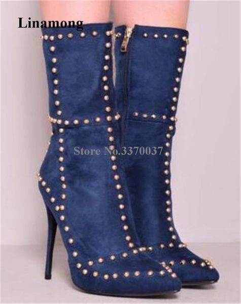 

boots spring autumn fashion women pointed toe suede leather rivet short zipper-up thin heel spike high ankle booties, Black