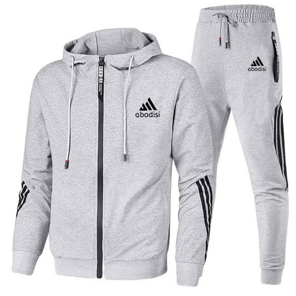 

new solid color men's leisure sports suit spring and autumn hooded zipper sweatshirt slim coat, Gray