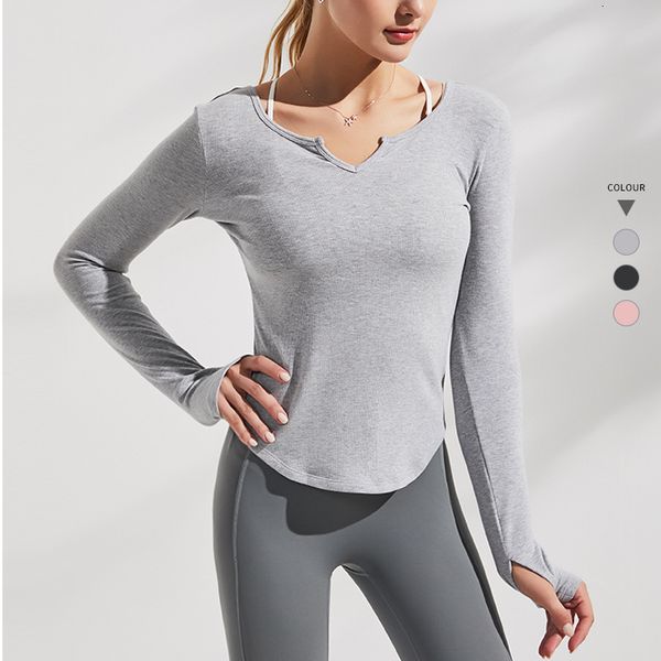 

2021 new sports women's long-sleeved v-neck tight yoga irregular running quick-drying clothes net red fitness m9r6, Black;brown