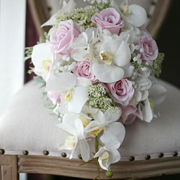 

wedding flowers white orchid brooch bouquet luxury 2021 artificial silk flower crystal bride waterfall dama honor