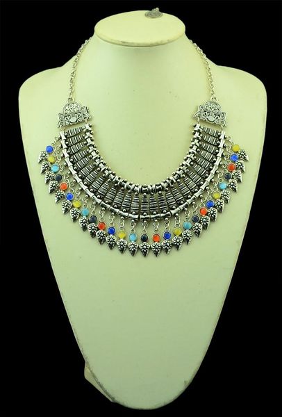 

turkish color metal bohemian flower resin bead choker collier necklace statement rivet tassel coachella necklace tribal jewelry, Silver