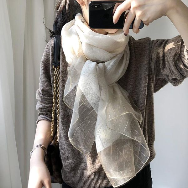 

scarves 2021 spring silk scarf women, design wool gold striped scarf, thin shawl, long gauze for ladies, Blue;gray
