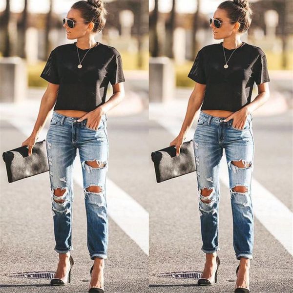 

women's jeans 2021 spring fashion hole ripped women destroyed cool denim mid waist skinny pants summer slim pencil trousers, Blue