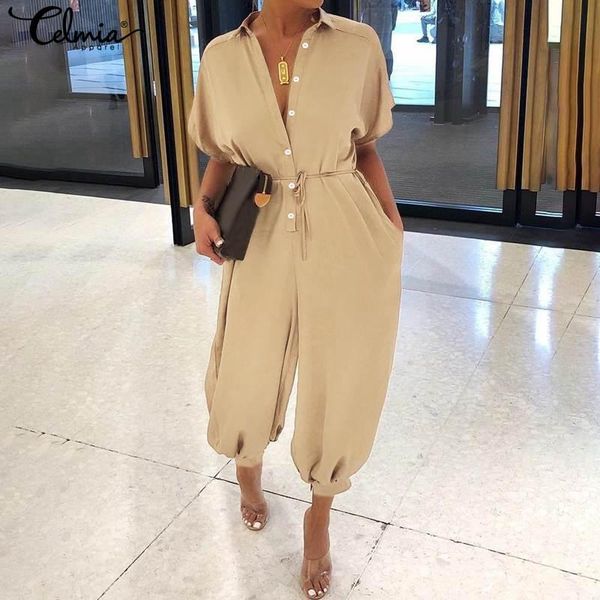 

women's jumpsuits & rompers celmia women vintage short sleeve cargo pants button casual loose harem trouser plus size overalls feminina, Black;white