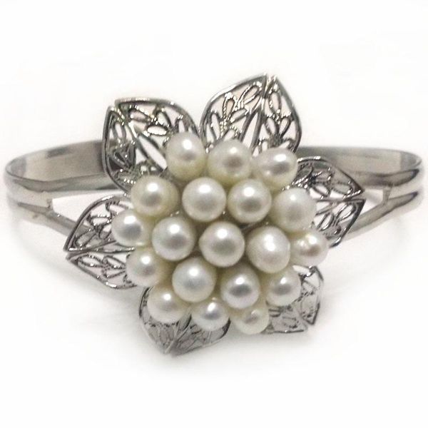 

tennis 7.5-8 inches 5-6mm white natural freshwater rice pearl flower cluster tibetan silver bangle, Golden;silver