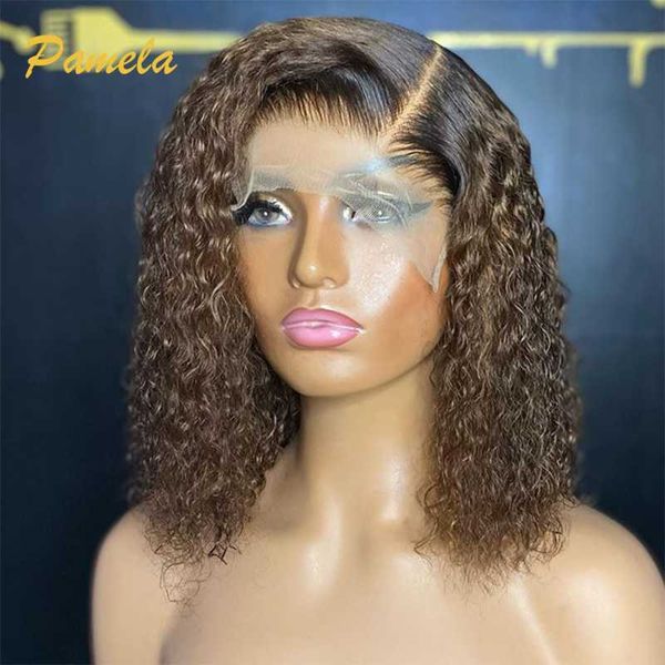 

lace wigs dark brown kinky curly wig ombre human hair 4x4 closure water wave short bob, Black;brown
