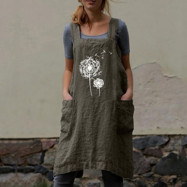 

casual dresses women cotton linen dress farmhouse style loose dandelions print pocket irregular stitching apron type strap, Black;gray