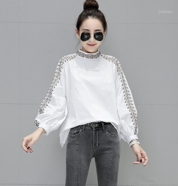 

ethnic embroidery blouse women loose plus size summer batwing sleeve v neck ladies 100% cotton tees women's blouses & shir, White