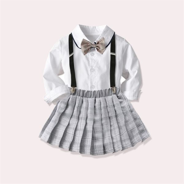 Baby Mädchen Kleidung Schule Stil Uniform Anzug Britischen Kurzen Rock 3 ~ 8 Jahre Kinder Kurzarm + Falten Rock anzug 211021