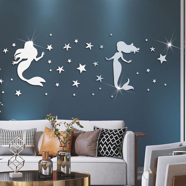 

44pcs/set diy walls decor mermaid mirror wall sticker 3d tv background decal stickers art mural bedroom bath room decoration