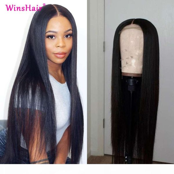 

winshair straight 30 inch brazilian 13x6 front human hair wigs silky 5x5 lace closure wig, Black;brown