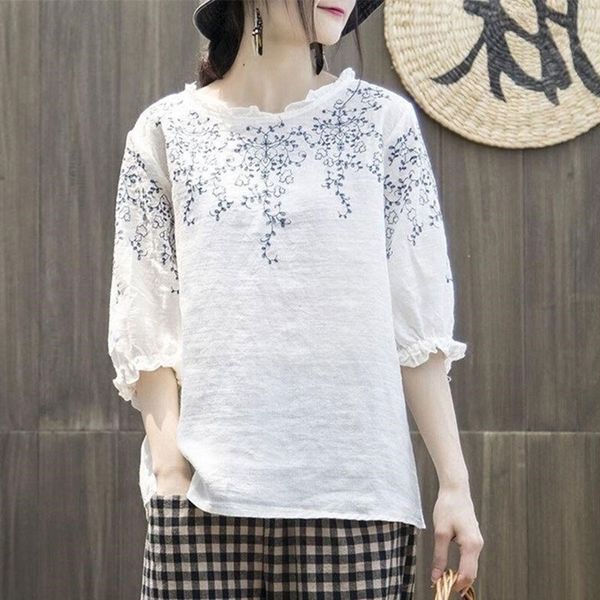 

f&je summer style women tshirt plus size half sleeve loose vintage embroidery tee shirt femme cotton linen tshirts big mgz2 210315, White