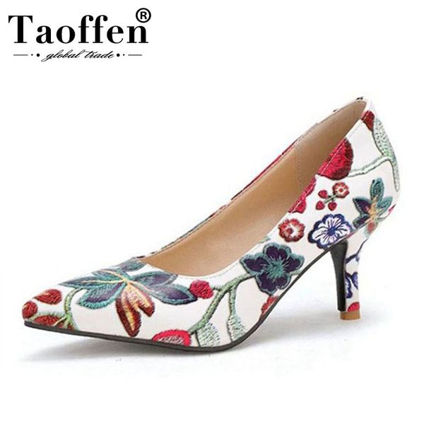 

taoffen large size 3345 women's high heels pumps embroidery flowers chinese style slip on pointed toe pumps shoes women 210225, Black