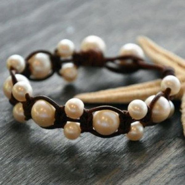 

link, chain luxury real natural freshwater baroque pearl bracelet bangle punk handmade leather beads bracelets for women jewelry gifts, Black