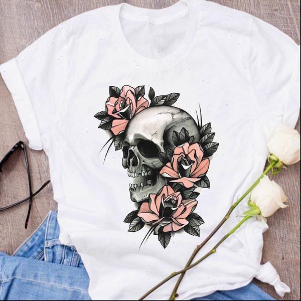 

women graphic flower skull punk girl 90s cute print halloween clothing clothes lady tees female t shirt womens, White