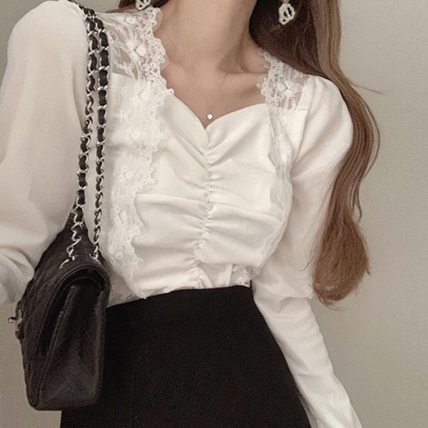 

korean ins small thin square neck lace patchwork pleated design slim long sleeve velvet shirt top, White