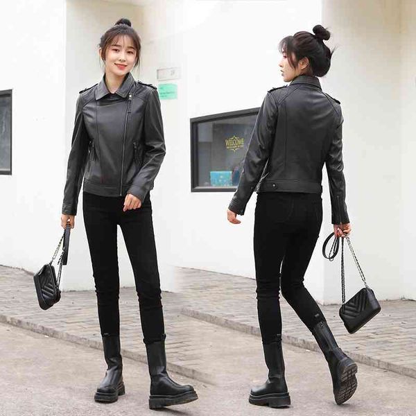 

sheepskin jacket women's motorcycle leather loose fashion casual women, Black