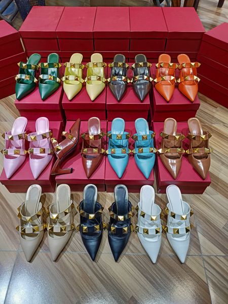 

brand womens baotou slippers designer fashion platform anti slip spring and summer new thin heels rivet head half pointed womens sandals lux, Black