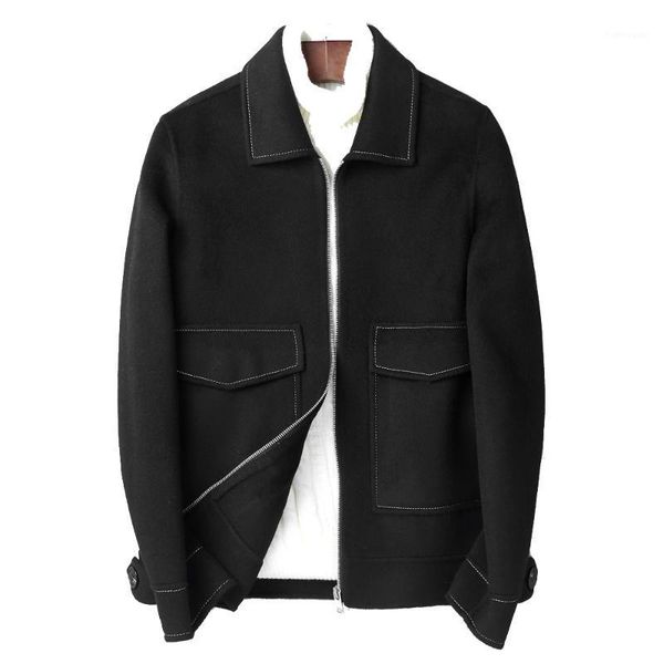 

men's wool & blends men jacket autumn male slim double faced woolen overcoat real sheep cashmere casual coat, Black