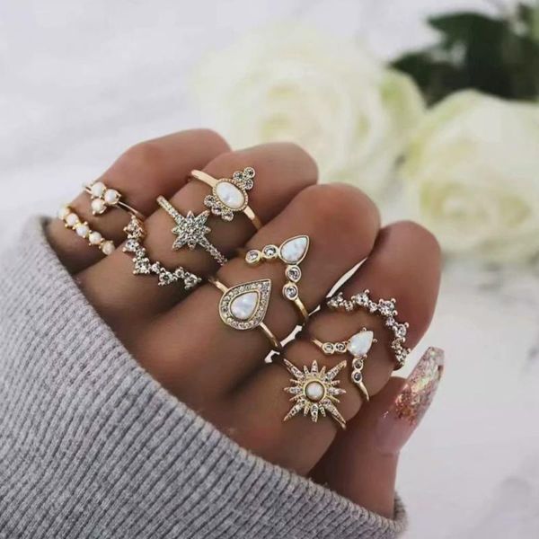 

cluster rings simple fashion metal set of 10 / inlaid zircon unique ring imitation pearl ladies jewelry decoration 2021, Golden;silver