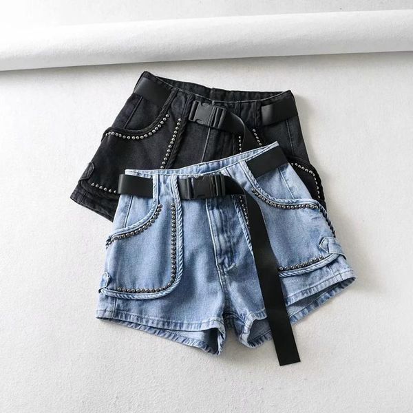 

denim shorts new promotion cotton regular pockets mid europe and america waist 2021 casual all-match belt tooling shorts, White;black