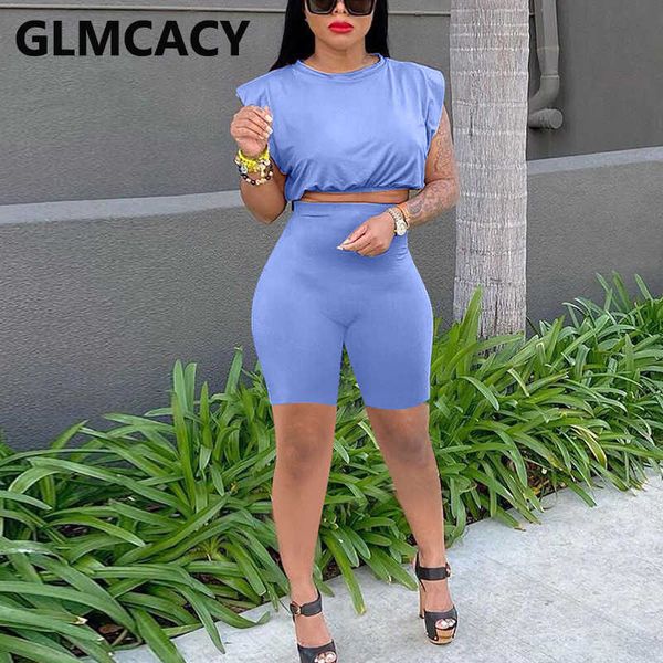 

two piece casual solid suits padded crop shirt & slim shorts set 210702, White