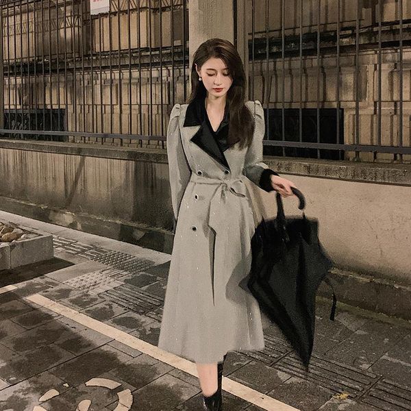 

women's trench coats superaen french plaid spliced slim single breasted long turn down collar a line office lady women fashion coat, Tan;black