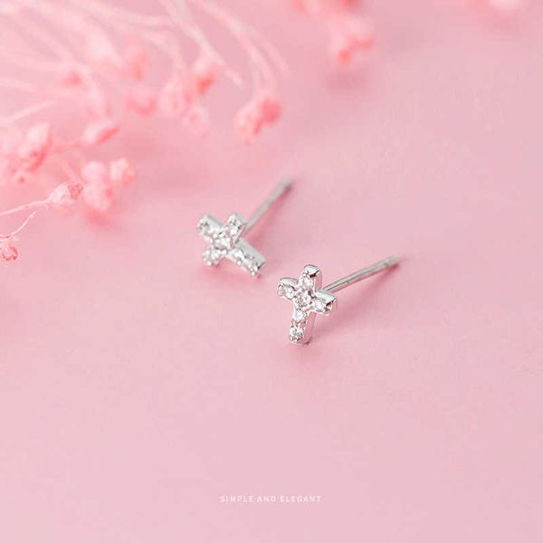 

genuine 925 sterling silver fashion cross stud earrings with aaa zirconia push-back clasp for women fine jewelry 210707, Golden;silver