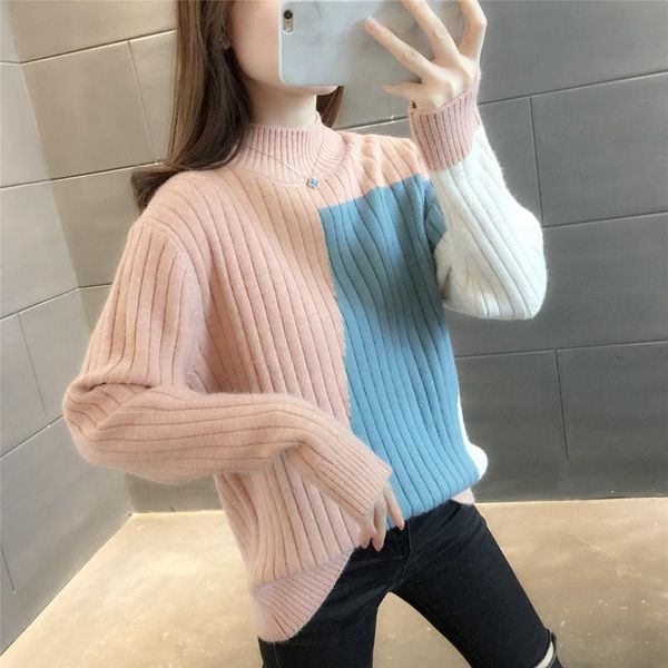 

women's sweaters room 217061, row 3, no. 2 (] color matching vertical strip half high collar pullover sweater [1690] 47, White;black