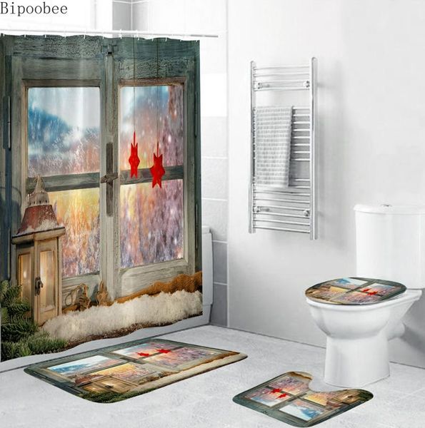 

shower curtains bipoobee merry christmas curtain 3d windows bathroom set bath non-slip carpets toilet seat cover floor mat