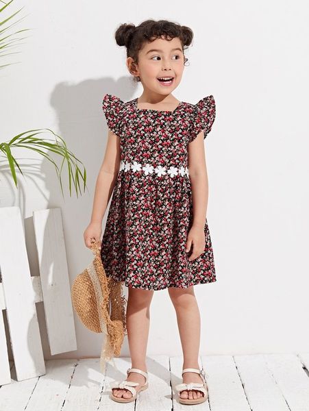 

toddler girls ditsy floral contrast lace butterfly sleeve dress she, Red;yellow