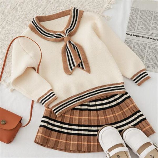 

kids girls spring autumn clothes set fashio children princess knitted sweater skirt 2 pieces suit outfits, White