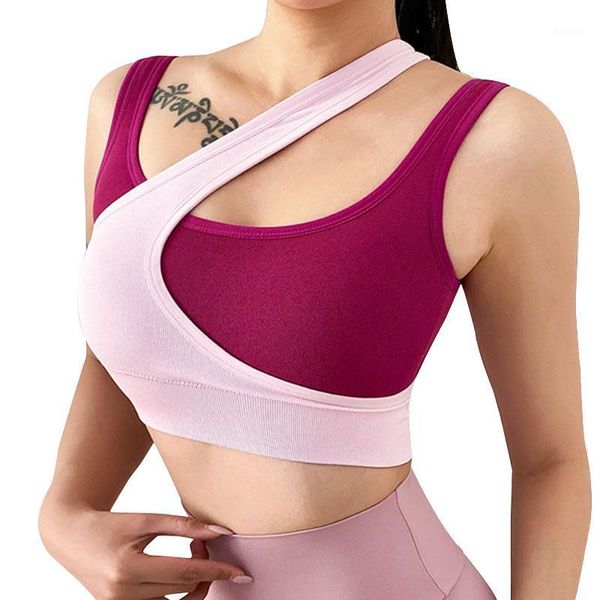 

yoga outfit summer contrast oblique shoulder hollow design women sports bra padded tank vest running gym fitness underwea