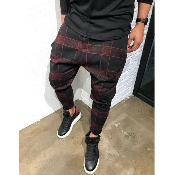 

men casual slim fit urban plaid straight leg potlead jogger cargo broek elastic tail body with pockets, Black