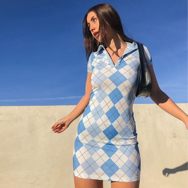 

summer argyle plaid y2k fashion dresses for women streetwear korean style ladies short sleeve fitness mini dresses, Black;gray