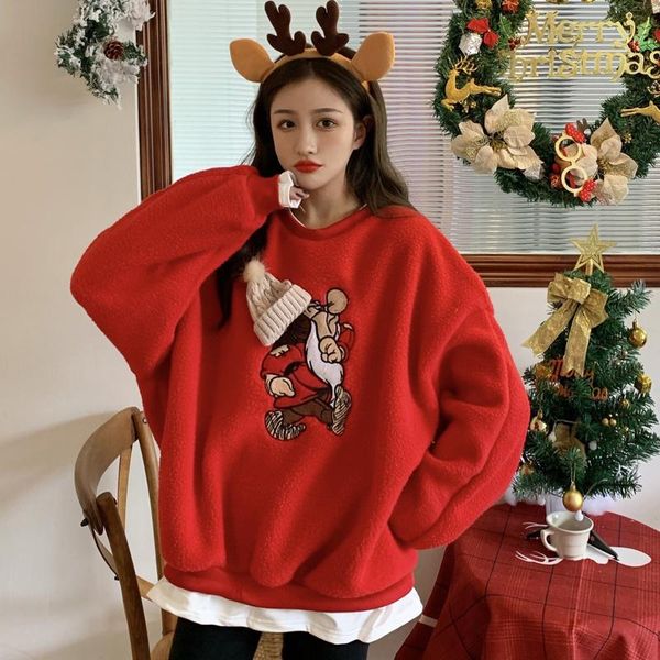 

women's sweaters cashmere christmas chic sweater ins loose korean style boyfriend idle plus velvet thickened fake two-piece top, White;black