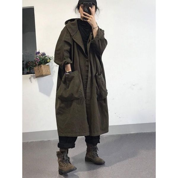 

women's trench coats 2021 autumn korea fashion women loose hooded coat all-matched casual single breasted long femme m593, Tan;black