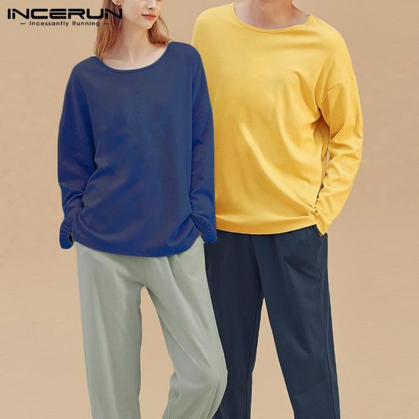 

incerun men leisure pajama sets long sleeve o neck elastic pants 2 pieces sleepwear man stitching color homewear suits 5xl, Black;brown