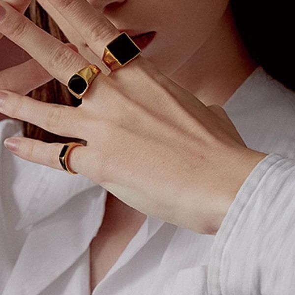

cluster rings fflacell personality simple vintage punk rock geometric square black smooth metal ring for women and men party jewelry gifts, Golden;silver