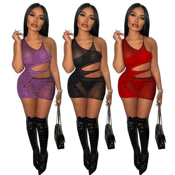 

casual dresses zaggin 2021 summer women solid 3-color mesh see through mini dress lady irregular sleeveless v-neck hollow out, Black;gray