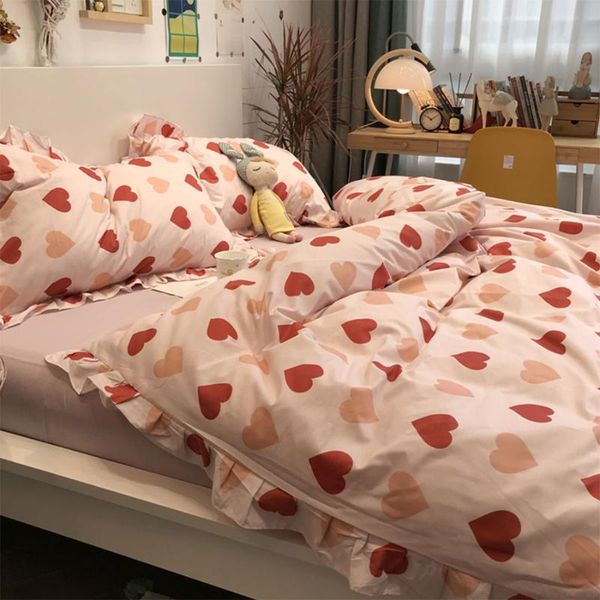 

sweet heart bedding set,1.2 1.5 1.8 fashion red pink cotton twin full  king home textile bed sheet pillow case quilt cover
