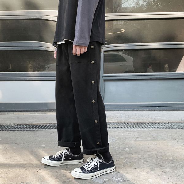

2021 new spring cotton wide-leg men's fashion retro button casual men streetwear korean hip-hop straight pants mens trousers wrm7, Black