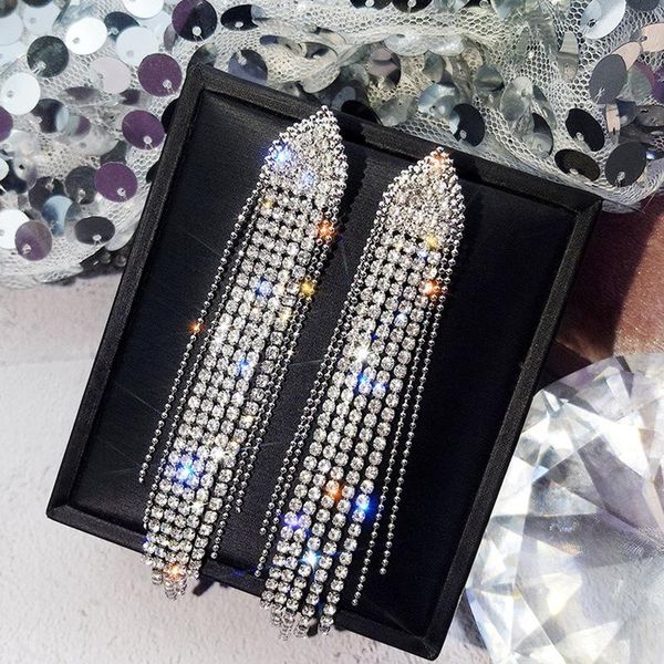 

dangle & chandelier cinkile long tassel earrings ladies exaggerated shiny rhinestone drop fashion korean wedding party jewelry, Silver