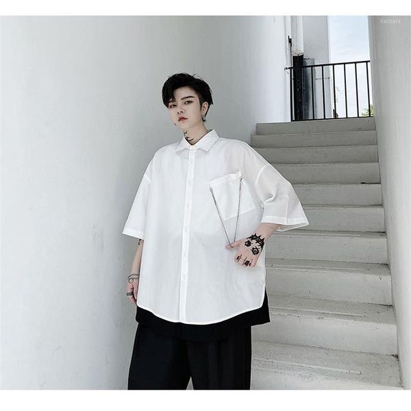 

men's casual shirts metal pendant niche design black and white patchwork hem short sleeves loose large japanese hip-hop shirt, White;black